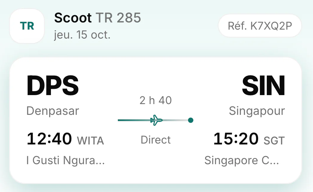 Un vol dans Creno : Scoot TR 285 le jeudi 15 octobre, Denpasar 12:40 WITA, Singapour 15:20 SGT, 2 h 40 sans escale.