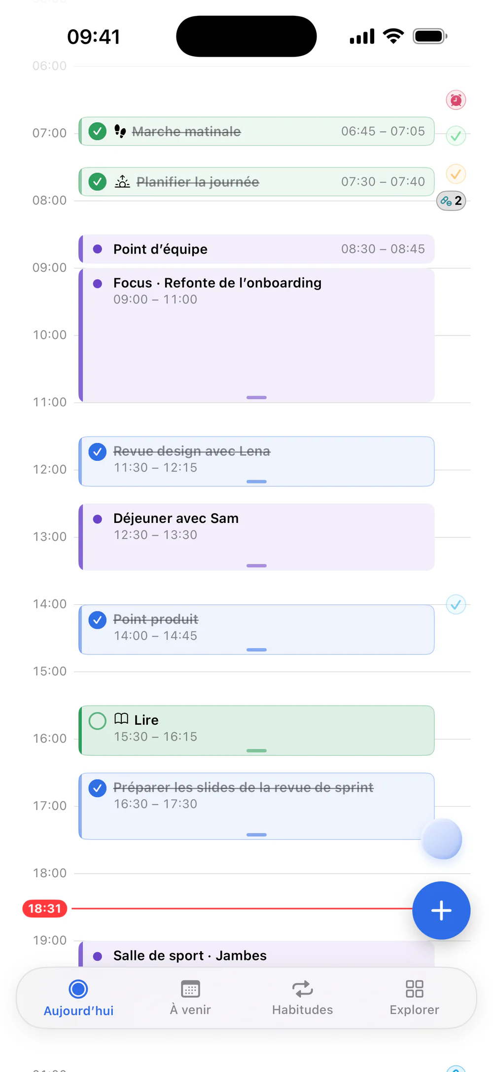 Creno sur iPhone : la même journée en chronologie, de la marche du matin et d’un bloc de travail de fond au déjeuner avec Sam, aux slides du sprint et à la salle de sport.