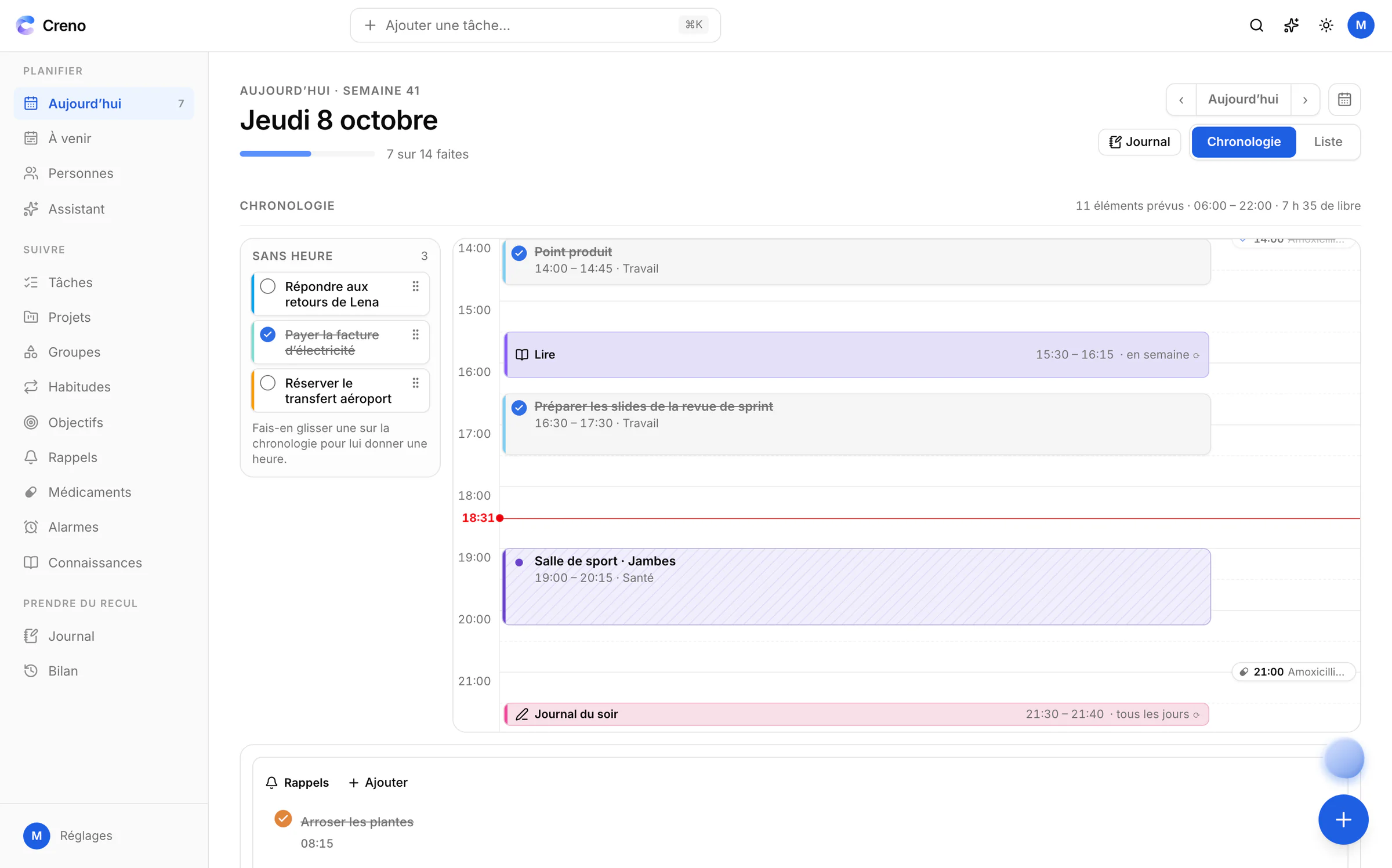 La vue Aujourd’hui de Creno sur le web : une seule chronologie pour le jeudi 8 octobre avec la ligne « maintenant », de la lecture, des slides à préparer pour une revue de sprint, une séance de jambes à la salle et le journal du soir, à côté de trois tâches encore sans heure.